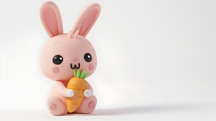 Obraz premium Adorable Pastel 3D Clay Rabbit Holding Carrot on White Background