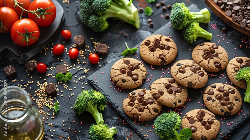 Poster in this board game broccoli beats chocolate chip cookies that means healthy food is better than junk