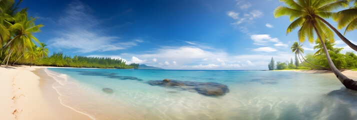 Glorious Summertime - Tropical Beach, Crystal Clear Water, Pristine Sandy Shores, and Palms Swaying in Warm Golden Light