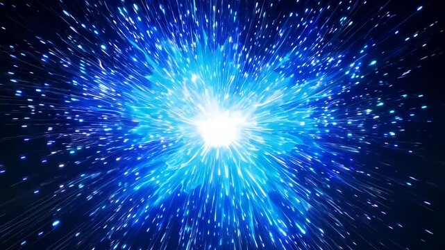 High-energy cosmic burst, blue particles streaming from a central bright light