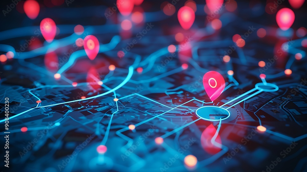 Poster digital city map with multiple location pins representing points of interest or destinations depicti
