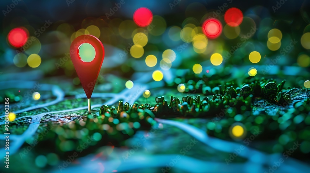 Poster red location pin is placed on a green map with a blurry background of light sources representing a d