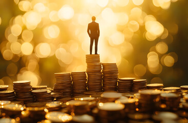A suited figure stands triumphantly atop gold coins, exuding confidence and wealth