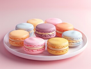 Obraz premium A plate of colorful macarons on a pink background.