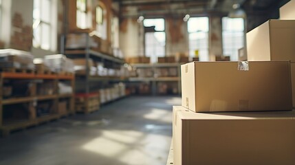 Startup business space filled with merchandise in boxes to ship to clients products in cardboard packages used for supply chain distribution Empty warehouse with merchandise and depot  : Generative AI