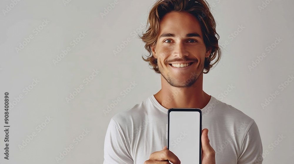 Aufkleber Handsome young man holding a smartphone mockup with a blank screen and smiling on a white background Celebrating success Gadget with empty space for mockup banner app : Generative AI