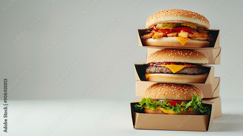 Aufkleber Stack of fast food Boxes on white Background : Generative AI