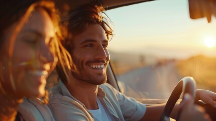 Fototapeta premium Young couple in a new car A man driving a car with his girlfriend and having fun Buying and renting a car Travel tourism recreation : Generative AI