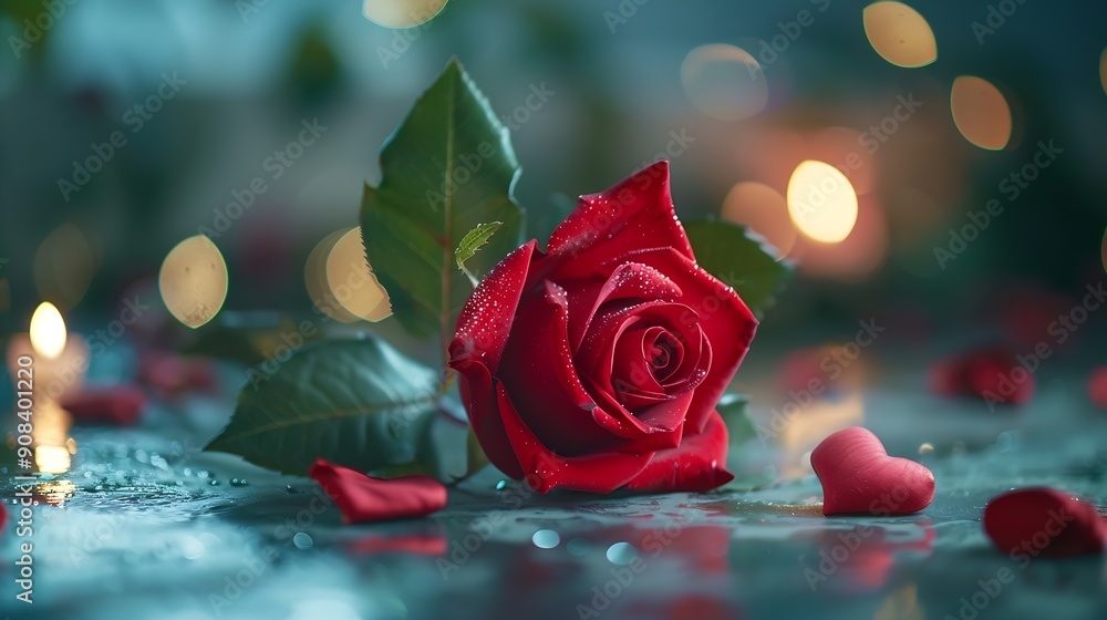 Poster valentine day composition with rose flower and red heart on table top view flat lay copy space holid