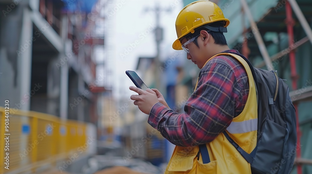 Poster Construction engineer using mobile smart phone on site during inspection selective focus : Generative AI