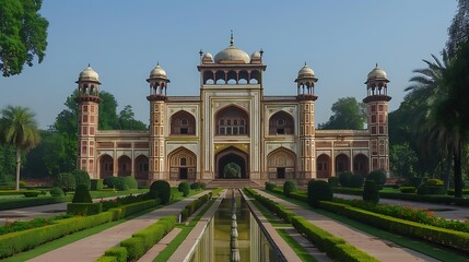 Magnificent view of the gateway to Humayun's Tomb in Delhi India. The symmetrical architecture intricate details and lush gardens create an awe-inspiring atmosphere.