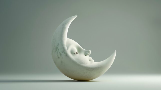 A crescent moon with a face on it, asleep.