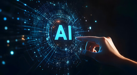 Futuristic AI interface, hand interacting with glowing 'AI