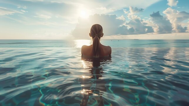 Young woman enjoying the edge of the water of a luxurious infinity pool merging with the horizon on the background of the sea in a tropical warm sea resort : Generative AI