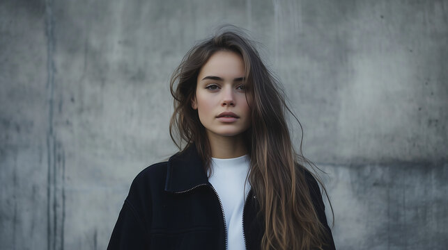 portrait of a beautiful woman with long hair wearing a black jacket and white t-shirt standing in front of a concrete wall, in the style of unsplash photography