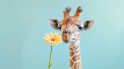 A cute giraffe with a yellow flower in its mouth.