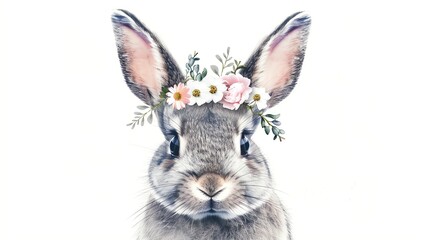 A grey rabbit wearing a floral crown looks directly at the camera.