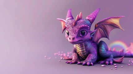 Fototapeta premium A cute purple dragon with sparkly wings sits on a purple surface with a rainbow in the background.