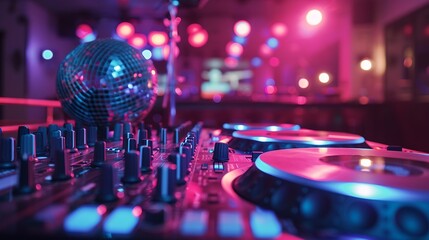Empty DJ mixing panel at funky club spotlights and disco ball at the bar used for dancing and clubbing Dance floor at discotheque with audio equipment station used for partying nightli : Generative AI