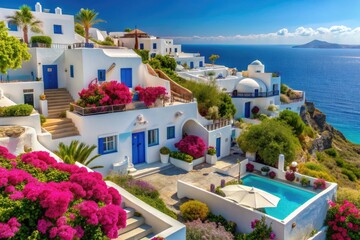 The villas on a gentle hillside face the sea, with white stairs leading to the house gate. Pure white limestone walls reflect sunlight. Sky blue dome, dark blue windows, and a garden with palms 