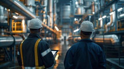 Heavyduty industrial engineers stand in a pipeline manufacturing facility using digital tablet computers for the construction of products to transport oil gas and fuel : Generative AI