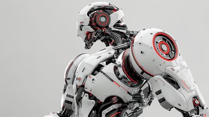 A white and red robot in a futuristic design.