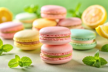 A giant blush pink macaron with a glossy shell and smooth white filling stands out against pastel backgrounds. Small macarons in lemon yellow, mint green, lavender purple, and red orange form a circle