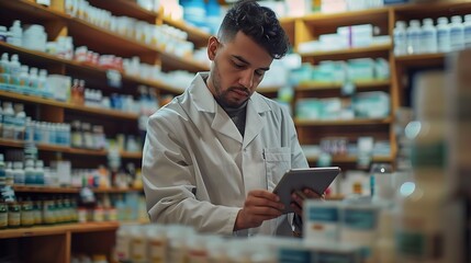 A young hispanic man working indoors in a pharmacy shop using a tablet while wearing a white lab coat : Generative AI