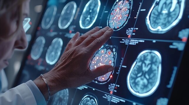 Hospital Medical Research Center Focus On Hand Gestures Of Diverse Colleagues Gathered Around Interactive Touch Screen Table With MRI Scans Of Brain On Display Doctors Looking For Alzh : Generative AI