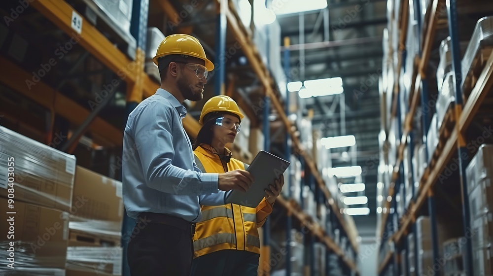 Poster Industry 40 Modern Factory Two Engineers in Empty Warehouse Use Digital Tablet Computer with Augmented Reality Software For a Room Mapping Doing 3D Factory Floor Layout High Angle Shot : Generative AI