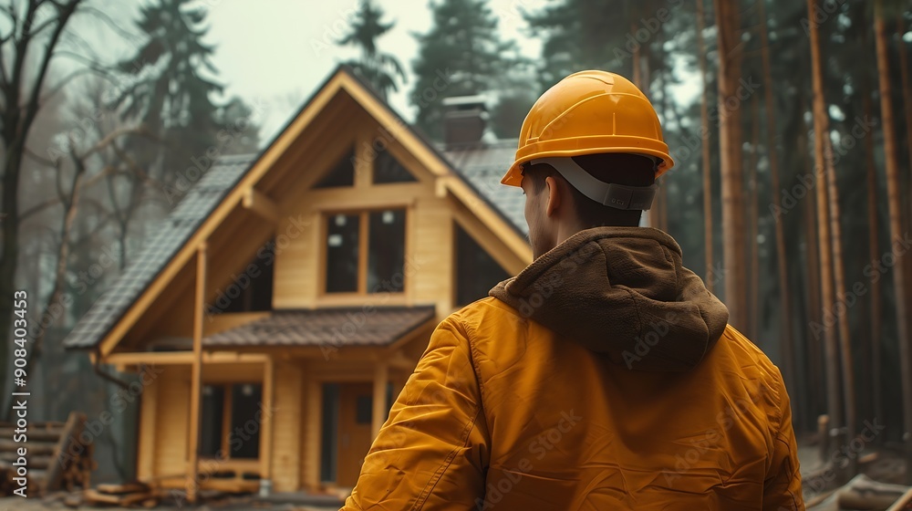 Poster worker building wooden twostory house near the forest man in work clothes and hard hat reviewing the