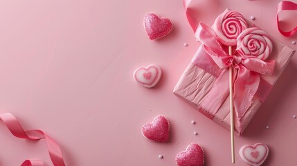Valentines vertical greeting card with gift love letter blank pink lollipops hearts on pink background View from above Copy space : Generative AI