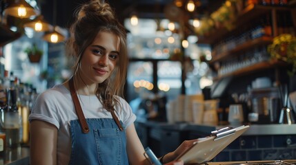 White waitress small business owner bartender barista writing orders in clipboard wearing blue apron talking on phone for takeout takeaway delivery looking at the camera at the bar cou : Generative AI