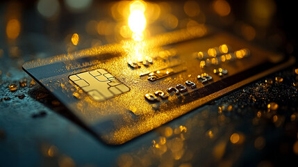 A credit card with a gold colored design sits on a wet surface