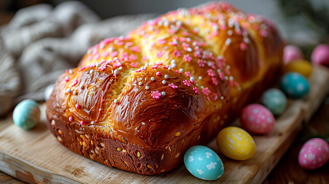 A large, decorated Easter bread sits on a wooden cutting board