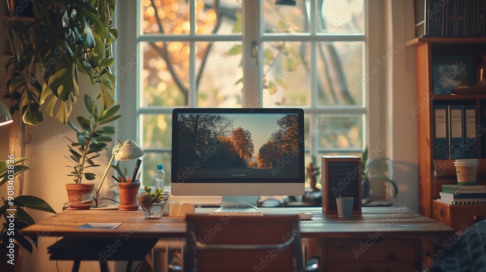 Aufkleber Empty workspace and a computer in a home office for remote work business or design of desk Working creative and a table with a pc and setup for a freelance career or entrepreneurship f : Generative AI