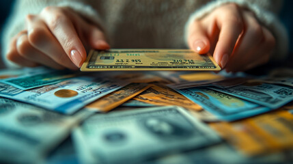 A person is holding a credit card and a bunch of cash