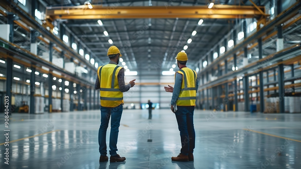 Poster two engineers talking standing in the middle of an empty warehouse inspecting planning future factor