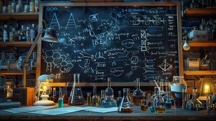 A vintage science lab with a blackboard covered in equations, beakers, and other scientific equipment.  A dimly lit, atmospheric setting.