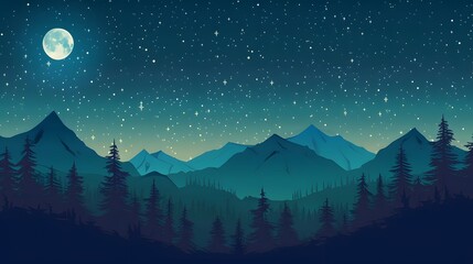 Fototapeta premium A serene night landscape with a full moon, stars, mountains, trees, and a reflective lake. The tranquil scene captures the beauty of nature under the night sky.