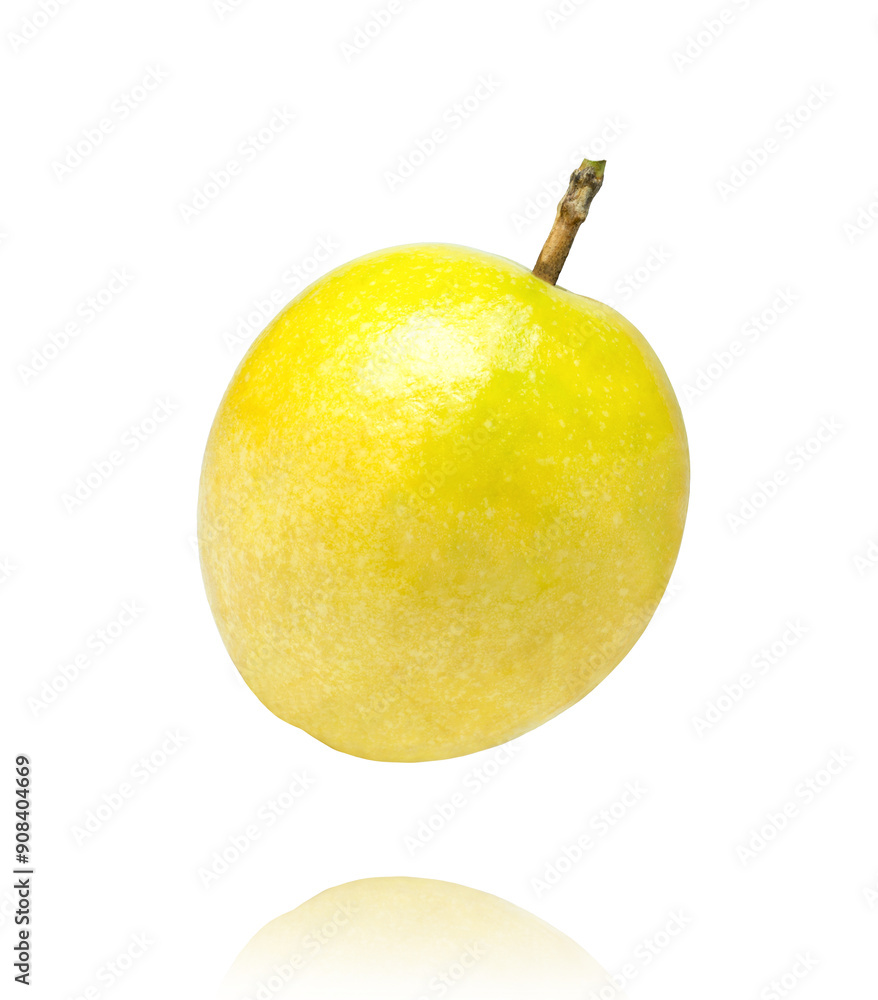 Poster yellow passion fruit flying in the air isolated on white background.