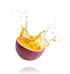 Naklejka na ściany i meble Red passion fruit with passionfruit juice splash flying in the air isolated on white background.