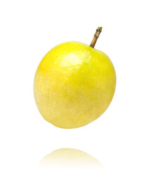 Yellow passion fruit flying in the air isolated on white background.