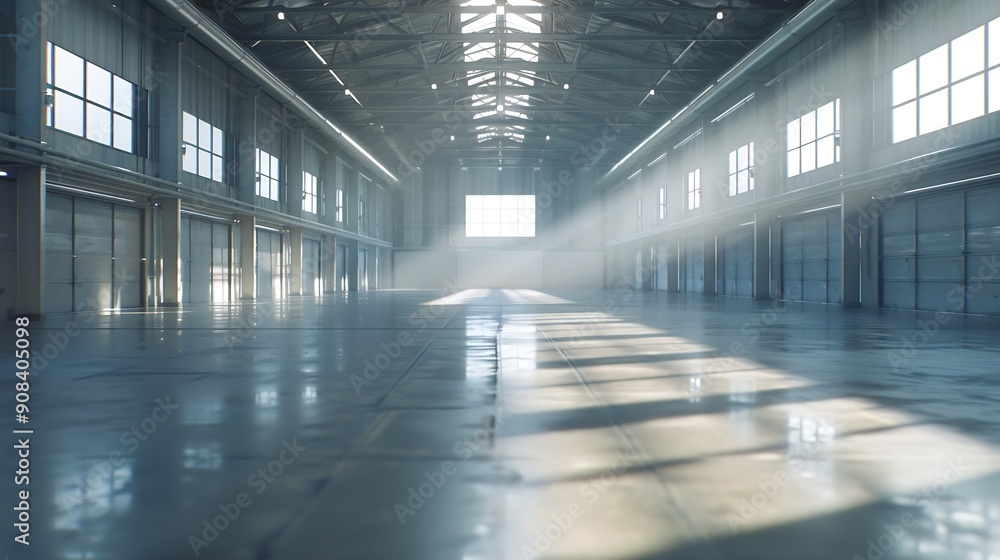 Poster large bright and empty warehouse : generative ai