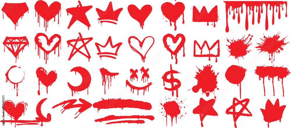 Wall mural spray paint drips, graffiti, red, heart, star, crown, dollar sign, arrow icon, diamond, moon, splatt