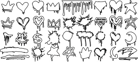 Graffiti symbol set including heart, crown, star, arrow, dollar sign, lip, and moon in black and white. Dripping and sketched style for urban, street art, and trendy designs