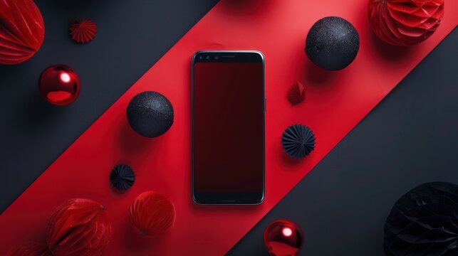 Stylish product launch scene with a modern smartphone amidst elegant black and red themed decorations. 