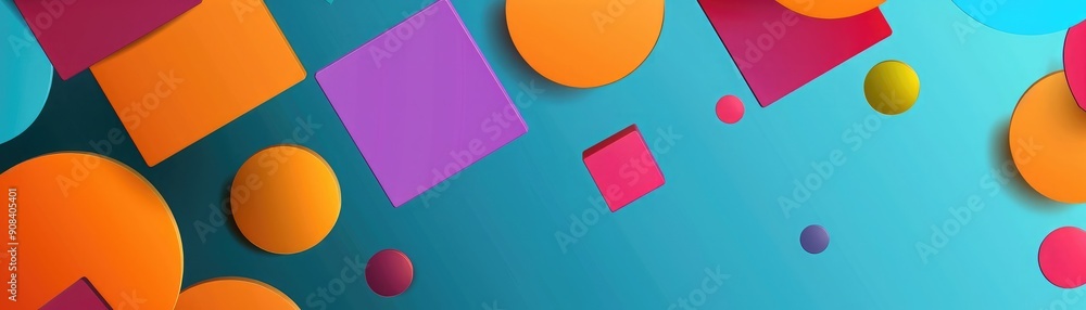 Poster bright colorful squares and round elements creating a minimal geometric background, suitable for ban