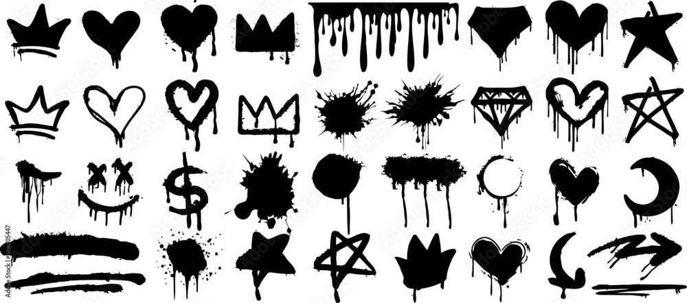 Wall mural graffiti art symbols, hearts, crowns, stars, paint splatters, dripping ink vector creative black ink