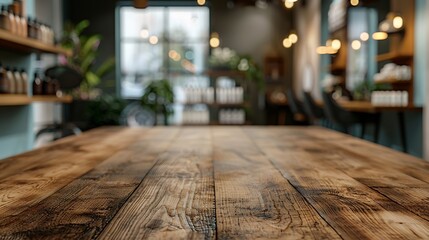 empty brown wooden tabletop for product display on blurred beauty and hair salon interior background : Generative AI